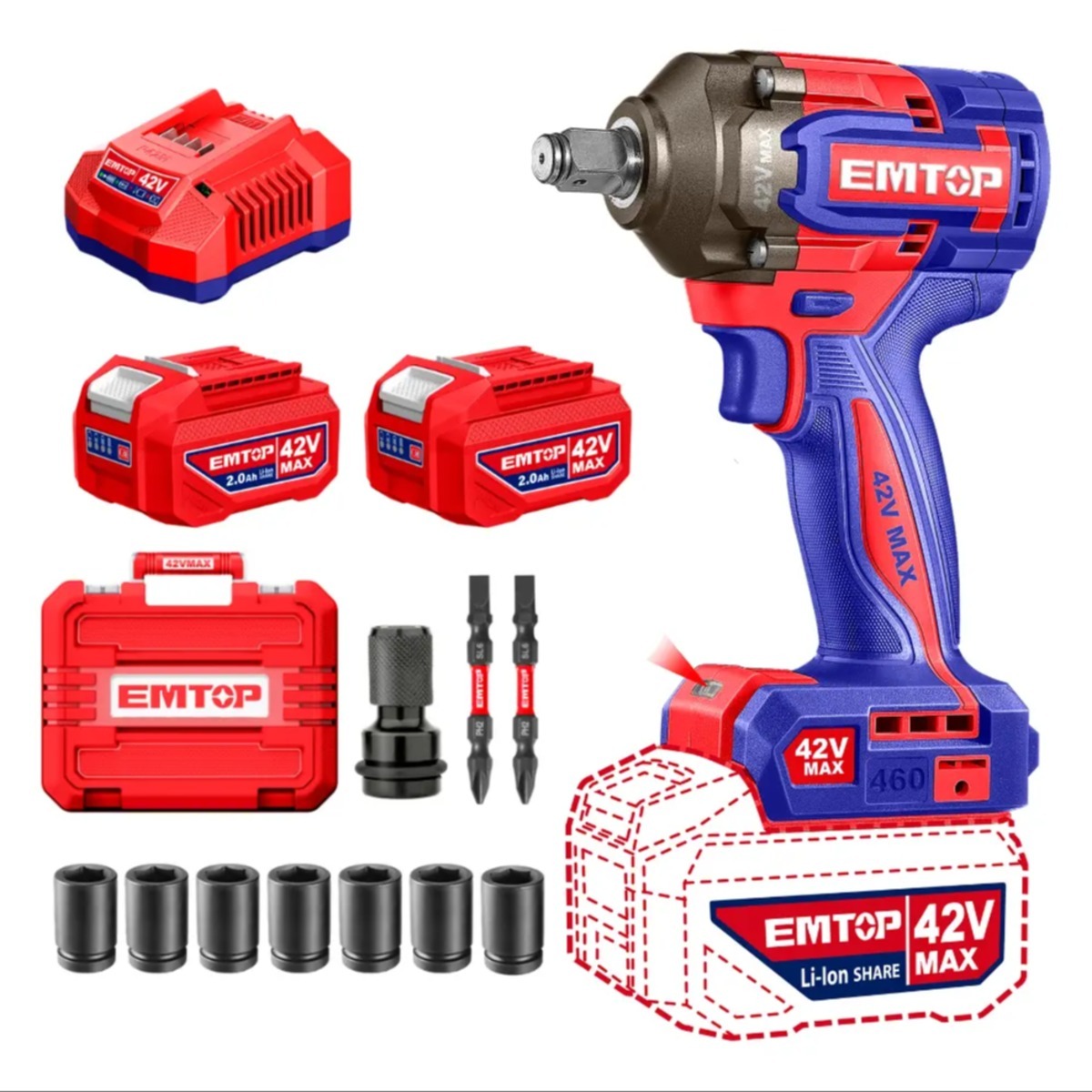 Llave De Impacto Emtop Inalambrico + Cargador Y Bateria